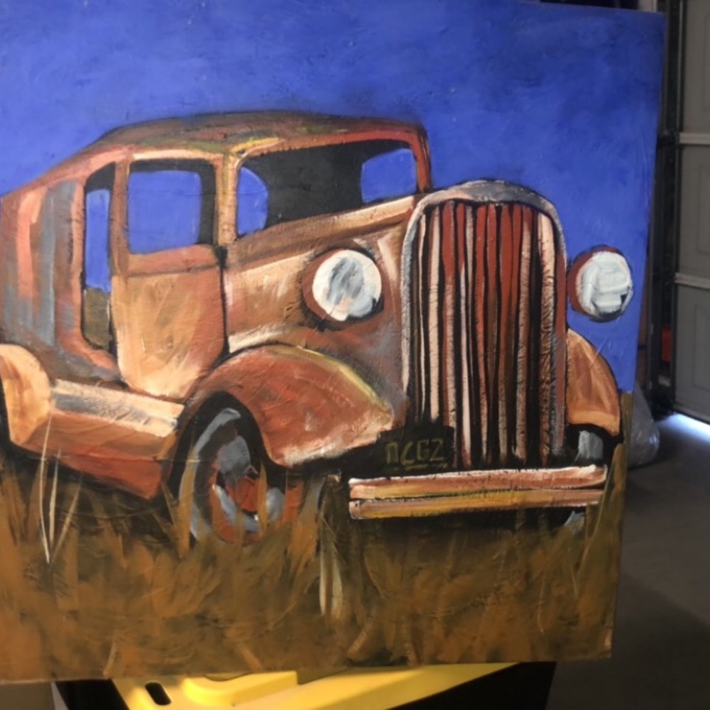 Beautiful painting of a brown old car, vintage looking